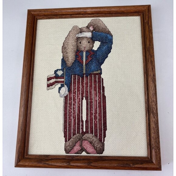 Patriotic Bunny Cross Stitch Framed Art Wood Frame Decorative Vintage - Picture 2 of 8
